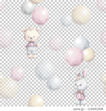 Seamless pattern with bear and bunny holding pastel balloons. Soft flying balloons and animals in gentle colors. Hand painted watercolor illustration. Perfect for baby decor, fabric, wallpapers Seamless pattern with bear and bunny holding pastel balloons. Soft flying balloons and animals in gentle colors. Hand painted watercolor illustration. Perfect for baby decor, fabric, wallpapers 128992806