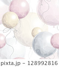 Seamless pastel balloon pattern. Floating balloons with curly ribbons in soft colors. Watercolor illustrative technique. Ideal for kids products, baby room decor, wallpapers, and gift wrap 128992816