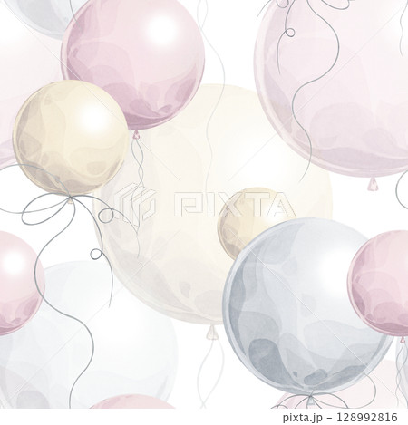 Seamless pastel balloon pattern. Floating balloons with curly ribbons in soft colors. Watercolor illustrative technique. Ideal for kids products, baby room decor, wallpapers, and gift wrap 128992816