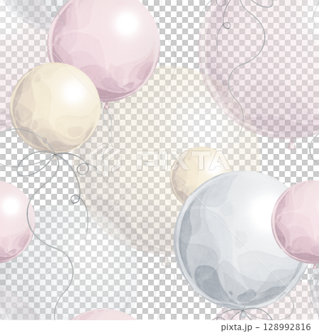 Seamless pastel balloon pattern. Floating balloons with curly ribbons in soft colors. Watercolor illustrative technique. Ideal for kids products, baby room decor, wallpapers, and gift wrap 128992816