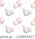Pastel balloons seamless pattern. Soft colored helium balloons with ribbons. Hand-painted watercolor illustration. Perfect for baby shower decor, gift wrapping, wallpaper, nursery, textile prints 128992817