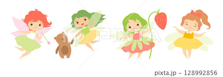 Cute Fairy Character in Pretty Dress with Wings Vector Set 128992856