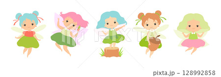 Cute Fairy Character in Pretty Dress with Wings Vector Set 128992858