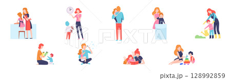 Mom, Dad and Little Kid Spending Time Together Vector Set Mom, Dad and Little Kid Spending Time Together Vector Set 128992859