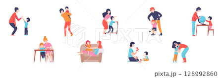 Mom, Dad and Little Kid Spending Time Together Vector Set Mom, Dad and Little Kid Spending Time Together Vector Set 128992860