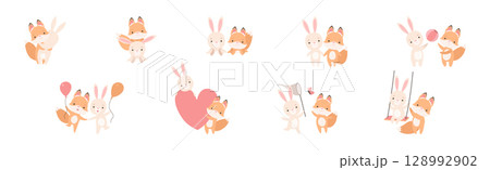 Pretty Little Bunny and Fox Cub Playing Together as Best Friends Vector Set 128992902