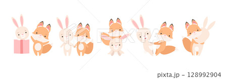 Pretty Little Bunny and Fox Cub Playing Together as Best Friends Vector Set Pretty Little Bunny and Fox Cub Playing Together as Best Friends Vector Set 128992904