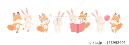 Pretty Little Bunny and Fox Cub Playing Together as Best Friends Vector Set 128992905