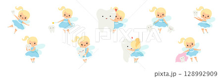 Tooth Fairy Blond Little Girl In Blue Dress with Wings And Baby Teeth Vector Set 128992909