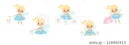 Tooth Fairy Blond Little Girl In Blue Dress with Wings And Baby Teeth Vector Set Tooth Fairy Blond Little Girl In Blue Dress with Wings And Baby Teeth Vector Set 128992913