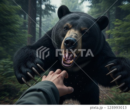 (AI生成)　黒い熊が襲い掛かってくる画像 128993013