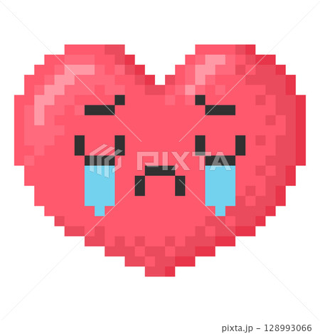 Cry emoji emoticon heart shape face vector pixel art, unhappy sad red face with streams of tears, 8bit retro weep avatar Cry emoji emoticon heart shape face vector pixel art, unhappy sad red face with streams of tears, 8bit retro weep avatar 128993066