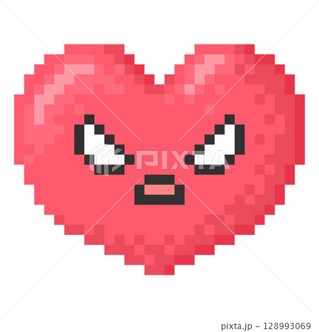 Angry kawaii emoji emoticon heart shape face vector pixel art, 8 bit red evil expression grumpy face with menacing eyes 128993069