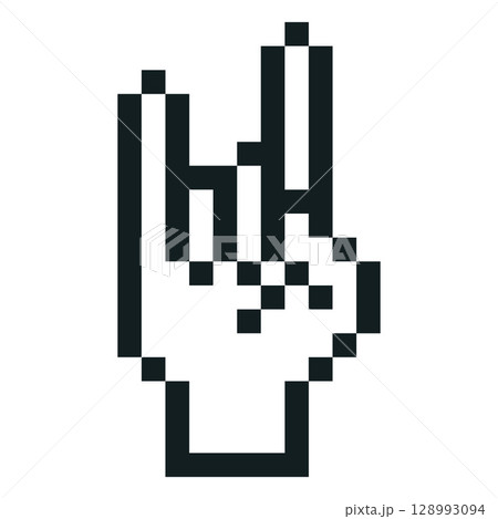 Sign of the horns hand gesture emoji emoticon vector pixel art, black outline 8bit retro video game Rock and roll symbol Sign of the horns hand gesture emoji emoticon vector pixel art, black outline 8bit retro video game Rock and roll symbol 128993094