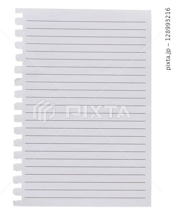 Torn-out lined notebook page template isolated on transparent background.. Binder holes on left edge. Empty note paper mockup. Writing, notes, school or organization concept, cut out graphic object 128993216