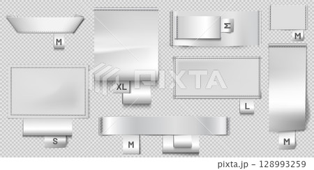 White different textile label sewn vector set, vector realistic cloth fabric tag with size, cotton or silk badge mockup 128993259