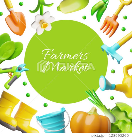 3D poster for a farmers market with a round green frame, garden tools, vegetables, flowers. 128993260