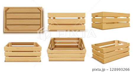 Set of realistic wooden crates from different sides, from the side and from the top. 128993266
