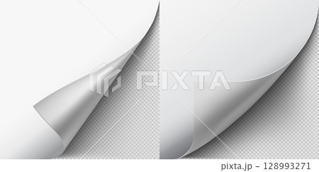 Curled paper corner, white paper page turning corner, realistic pages edge curl and bent sheet with shadow vector set Curled paper corner, white paper page turning corner, realistic pages edge curl and bent sheet with shadow vector set 128993271