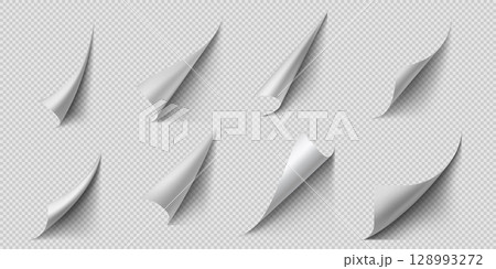 Set of paper curled corners of different shapes with shadows, on a transparent background. 128993272