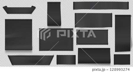 Set of black textile labels of various shapes on transparent background. Set of black textile labels of various shapes on transparent background. 128993274