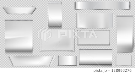 Set of textile labels mockups in different shapes and sizes, white color with decorative stitching. Set of textile labels mockups in different shapes and sizes, white color with decorative stitching. 128993276