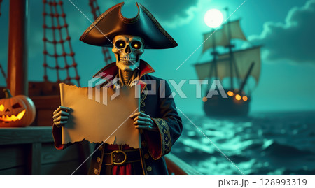 Skeleton pirate holding map on ship 128993319