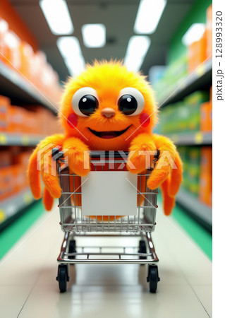 Furry creature sitting in shopping cart aisle 128993320