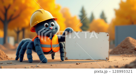 Cartoon spider in hard hat at construction site holding blank sign 128993321