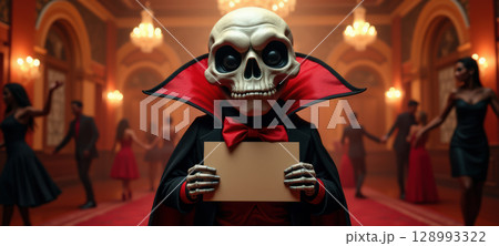 Skeleton in vampire costume holding blank card 128993322