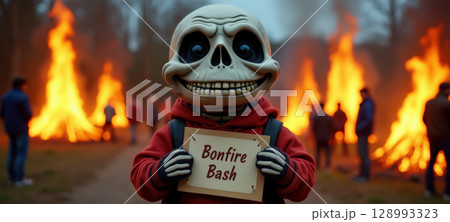 Person in skeleton mask at bonfire event 128993323