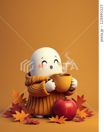 Cartoon ghost holding steaming cup autumn leaves 128993325