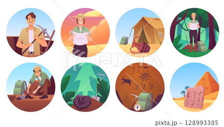 Archeology excavation in desert near ancient Egypt civilization, tent and equipment, historic old artifacts vector set Archeology excavation in desert near ancient Egypt civilization, tent and equipment, historic old artifacts vector set 128993385