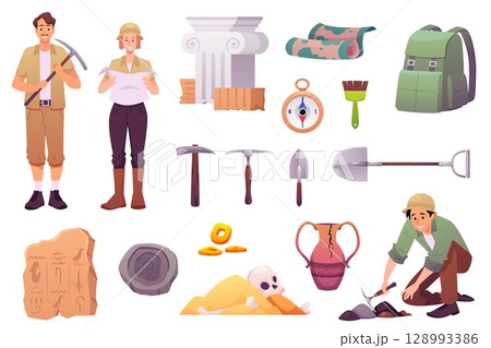 Set of archeology ancient artifacts vector icons, digging tools and elements of antiquity, archaeologist characters 128993386