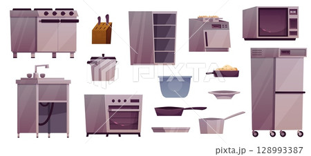 Kitchen professional equipment and utensils collection, vector flat illustration. Kitchen professional equipment and utensils collection, vector flat illustration. 128993387