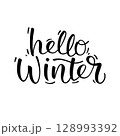 Hand-drawn "Hello Winter" lettering in modern calligraphy style. Festive typography for winter cards, prints, decorations, and seasonal designs. 128993392