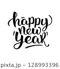Hand-drawn "Happy New Year" lettering in modern calligraphy. Festive typography for holiday cards, posters, invitations, and winter decorations. 128993396