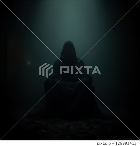 Hooded figure sitting in dark room Hooded figure sitting in dark room 128993413