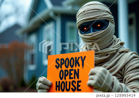 Mummy holding sign outside house 128993414