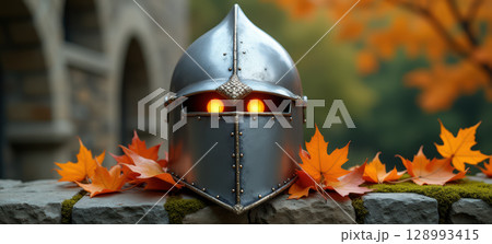 Medieval helmet with glowing eyes on stone Medieval helmet with glowing eyes on stone 128993415