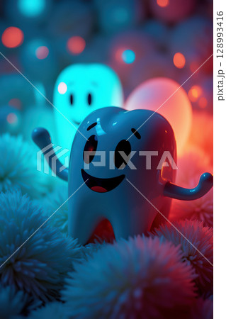 Smiling tooth character among glowing lights 128993416