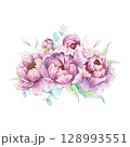 Pink peonies with eucalyptus branches painted in watercolor. Hand-drawn illustration. Ideal for textile designs, greeting cards, and feminine stationery 128993551
