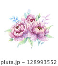 Pink peony flowers watercolor clipart. Delicate floral composition with eucalyptus and green leaves. Perfect for cards, stationary, fabric prints 128993552
