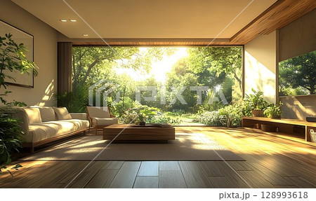 Sunlit modern living room with greenery view 128993618