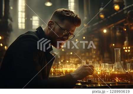 Man examining liquids in glass tubes in dimly lit industrial setting Man examining liquids in glass tubes in dimly lit industrial setting 128993619