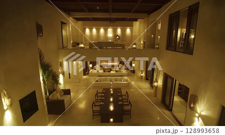 Luxury house interior two story open plan warm lighting elegant furniture modern architecture 128993658
