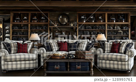 Rustic living room interior with plaid sofa and wooden shelving 128993761