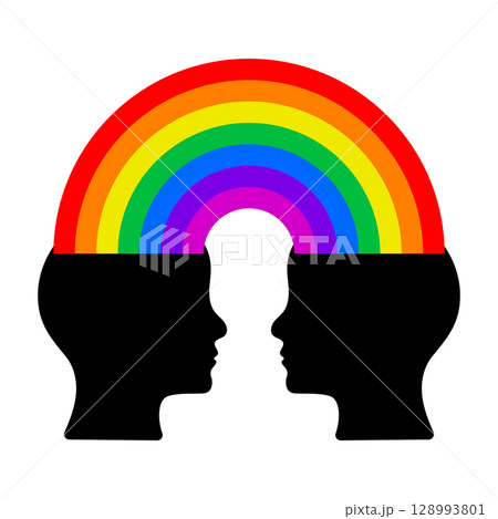Connected Minds Rainbow. Symbol of Unity, Communication and Shared Thinking. Vector illustration of two black human head silhouettes facing each other with a vivid rainbow arch connecting their heads. Connected Minds Rainbow. Symbol of Unity, Communication and Shared Thinking. Vector illustration of two black human head silhouettes facing each other with a vivid rainbow arch connecting their heads. 128993801