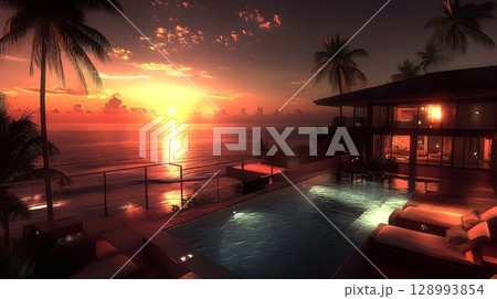 Luxury oceanfront villa sunset view poolside relaxation tropical paradise Luxury oceanfront villa sunset view poolside relaxation tropical paradise 128993854