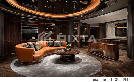 Elegant interior design curved sofa and wooden reception desk 128993946